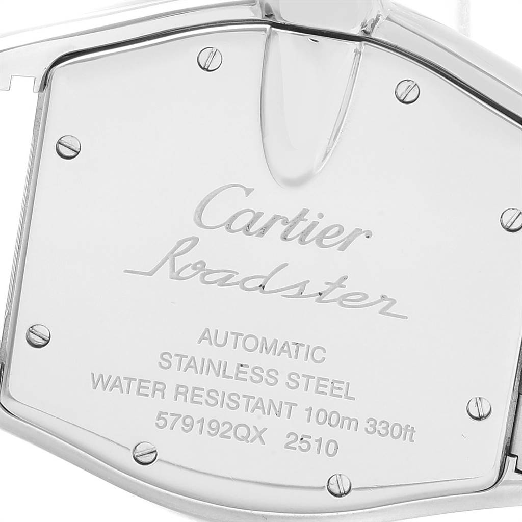 The image shows the stainless steel case back of a Cartier Roadster W62025V3 Men
s Stainless Steel Silver Dial W62025V3 Men
s Stainless Steel Silver Dial watch, detailing its model specifications and water resistance.