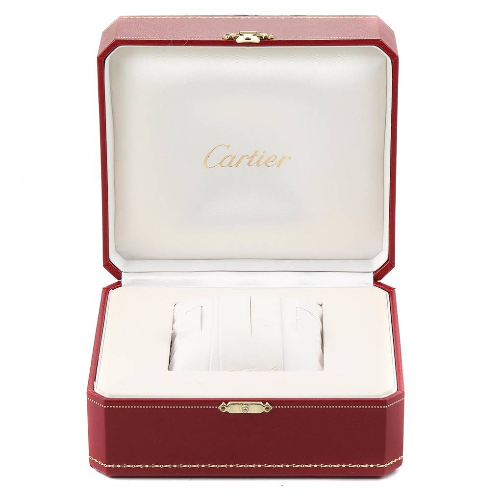 The image shows an open Cartier Roadster W62025V3 Men
s Stainless Steel Silver Dial W62025V3 Men
s Stainless Steel Silver Dial watch box with its interior padding and branding visible.