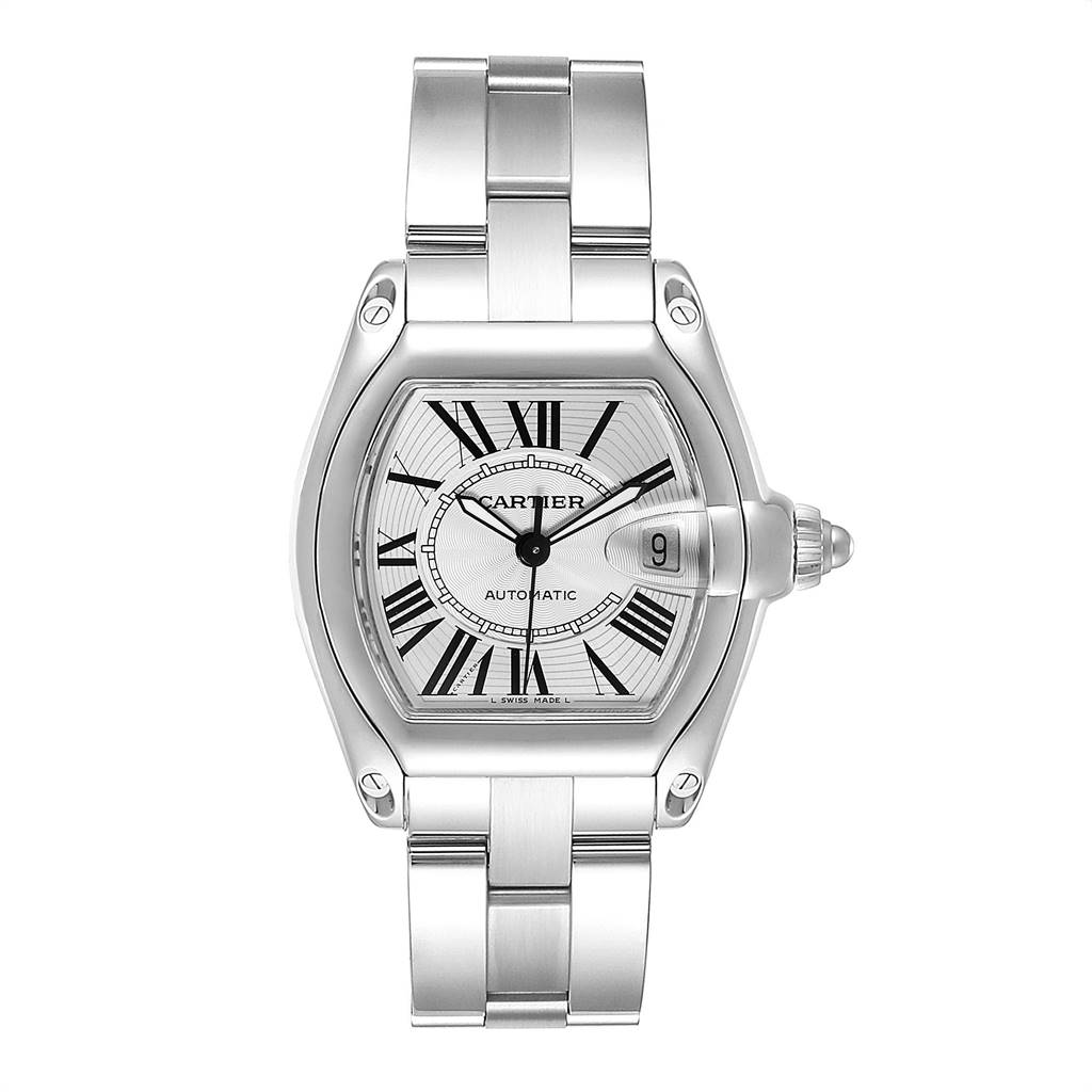 The image displays a front view of the Cartier Roadster W62025V3 Men
s Stainless Steel Silver Dial W62025V3 Men
s Stainless Steel Silver Dial watch, showcasing its stainless steel band, dial, and crown.