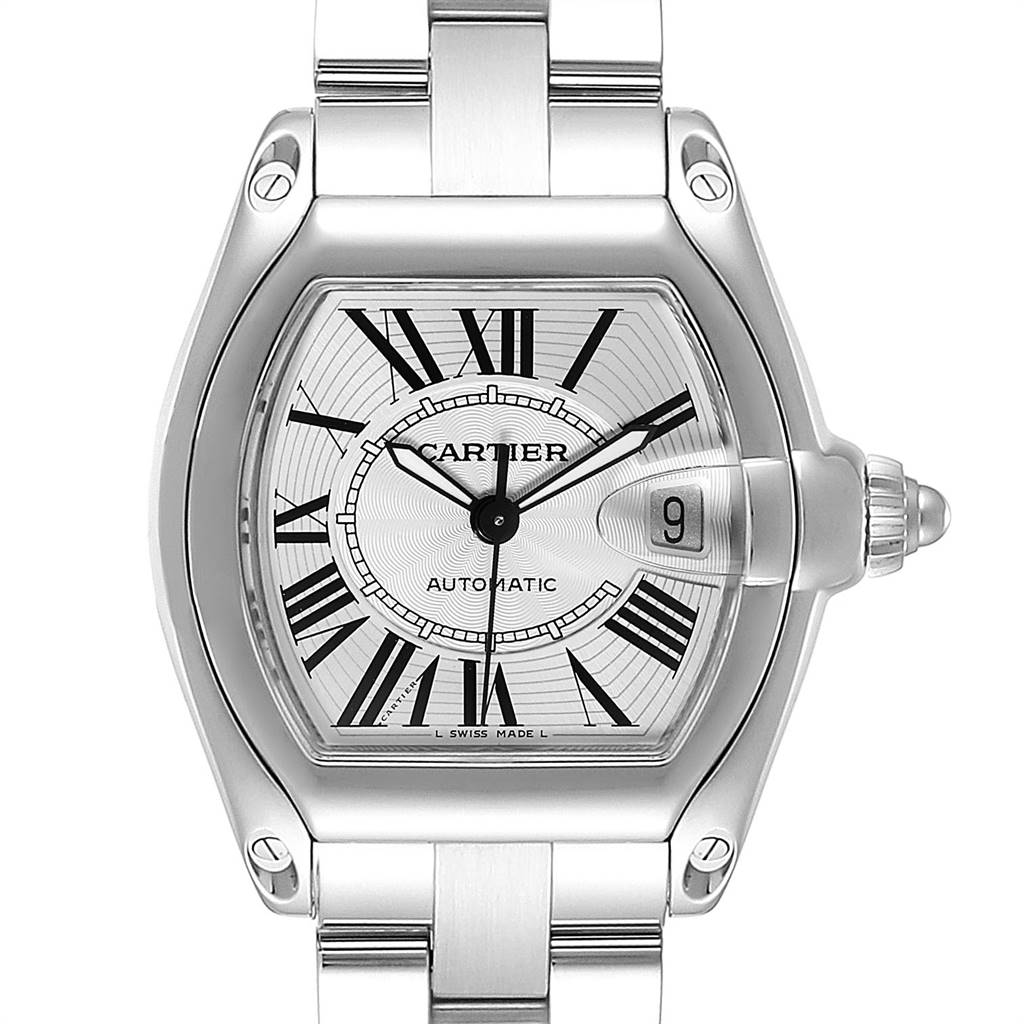 The image shows a frontal view of the Cartier Roadster W62025V3 Men
s Stainless Steel Silver Dial W62025V3 Men
s Stainless Steel Silver Dial model watch, highlighting its face, bezel, and part of the bracelet.