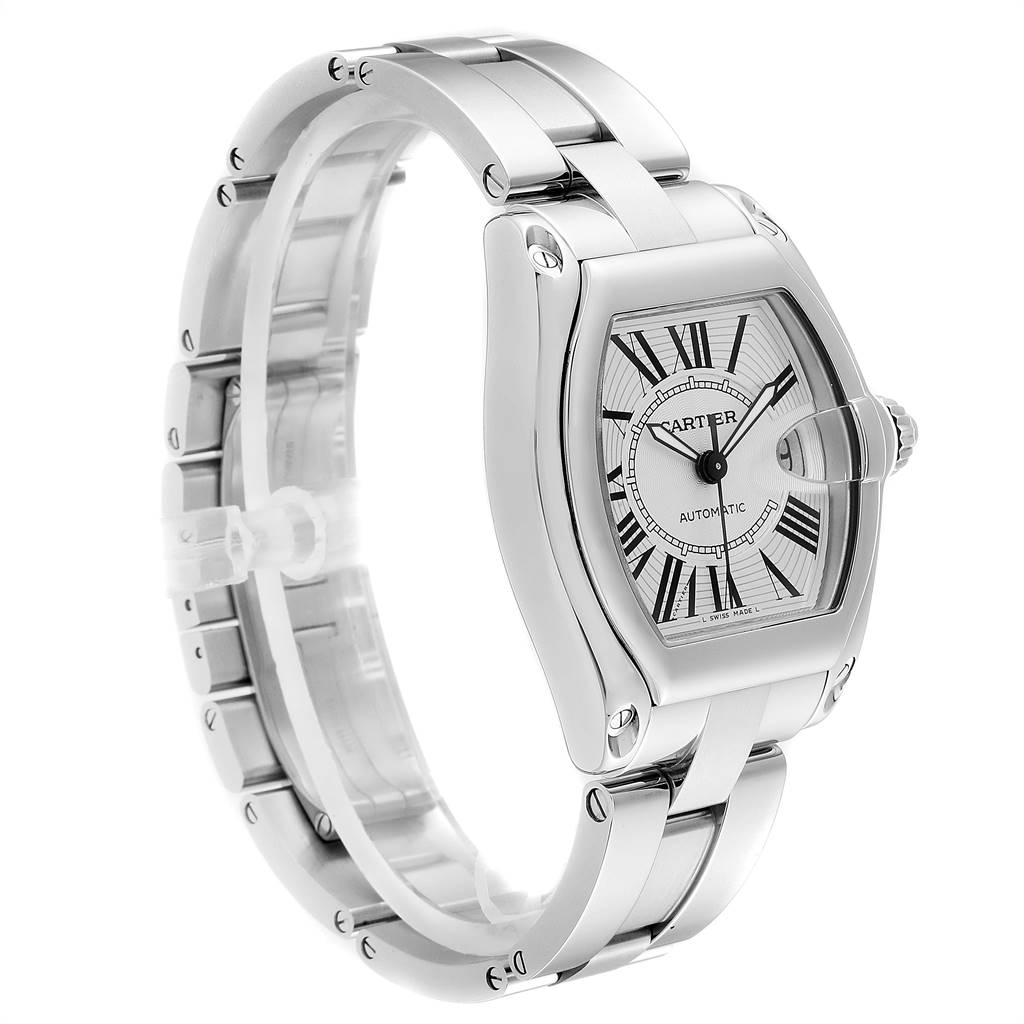 The Roadster model by Cartier is shown from an angled side view, highlighting the face and metal bracelet.