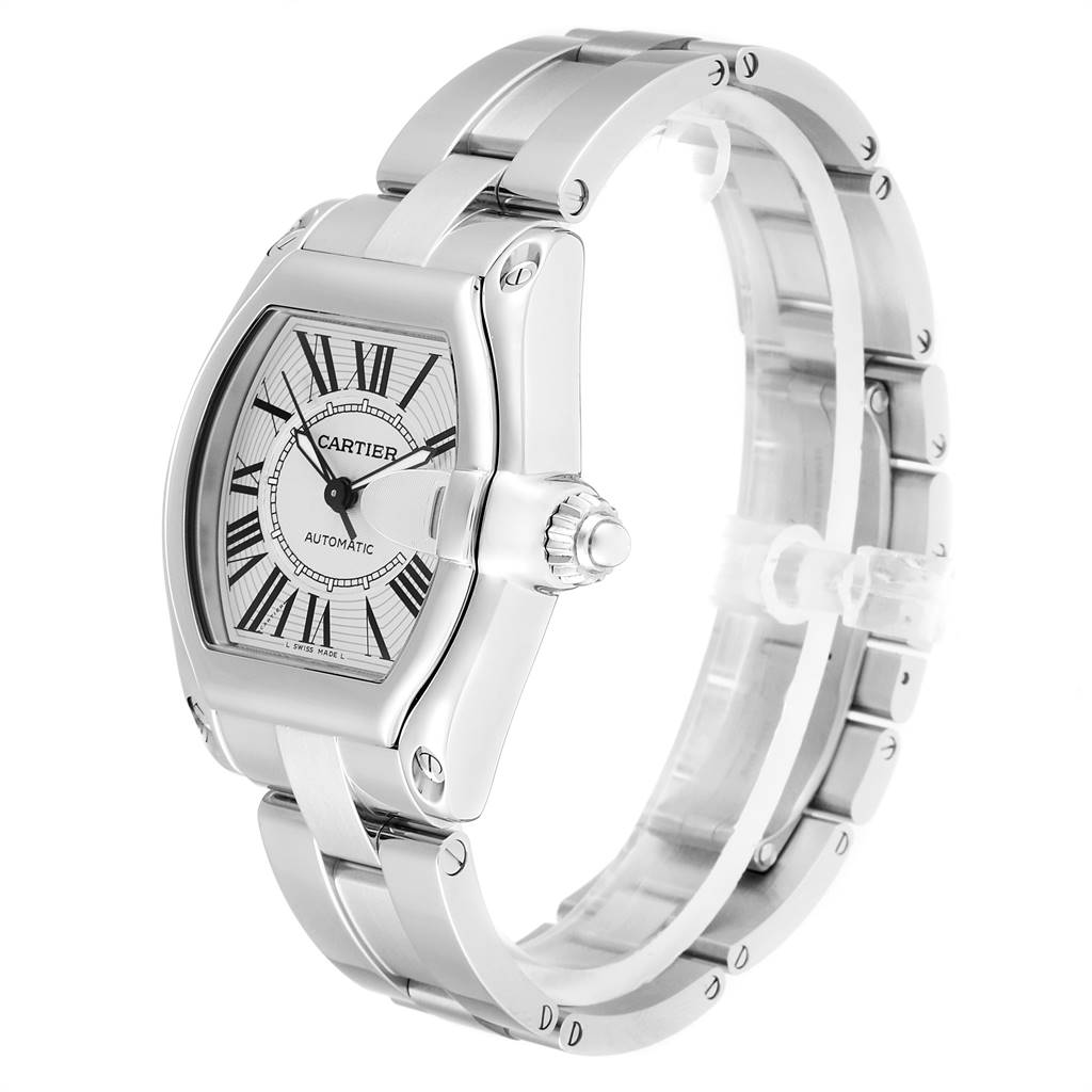 The Cartier Roadster W62025V3 Men
s Stainless Steel Silver Dial W62025V3 Men
s Stainless Steel Silver Dial watch is shown at an angle capturing the front, side, and part of the bracelet.
