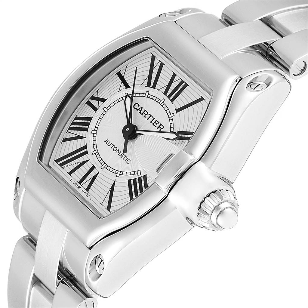 This image shows a close-up angle of a Cartier Roadster W62025V3 Men
s Stainless Steel Silver Dial W62025V3 Men
s Stainless Steel Silver Dial watch, highlighting its face, crown, and part of the stainless steel bracelet.