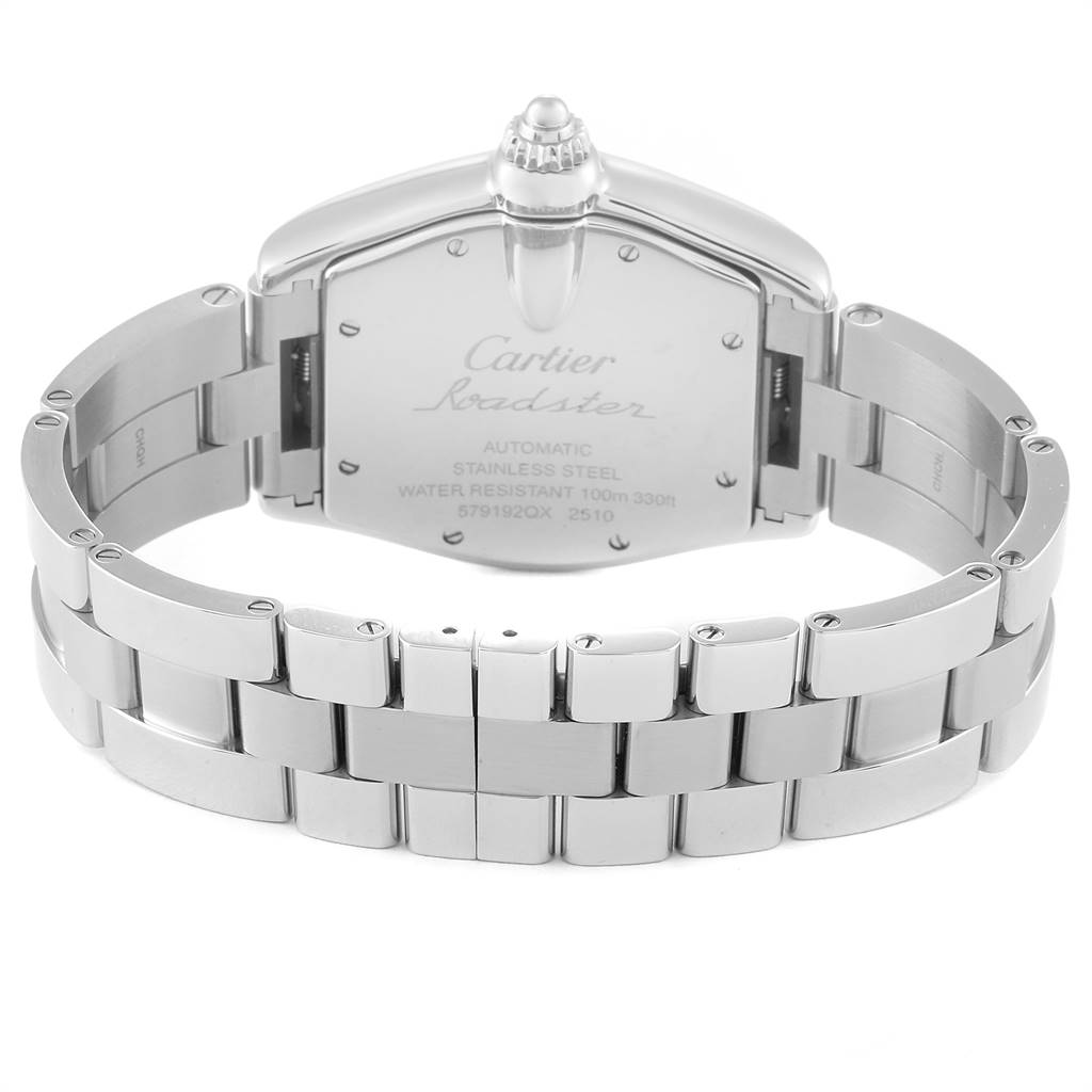 The image shows the back case and bracelet of a Cartier Roadster W62025V3 Men
s Stainless Steel Silver Dial W62025V3 Men
s Stainless Steel Silver Dial watch from a rear angle.