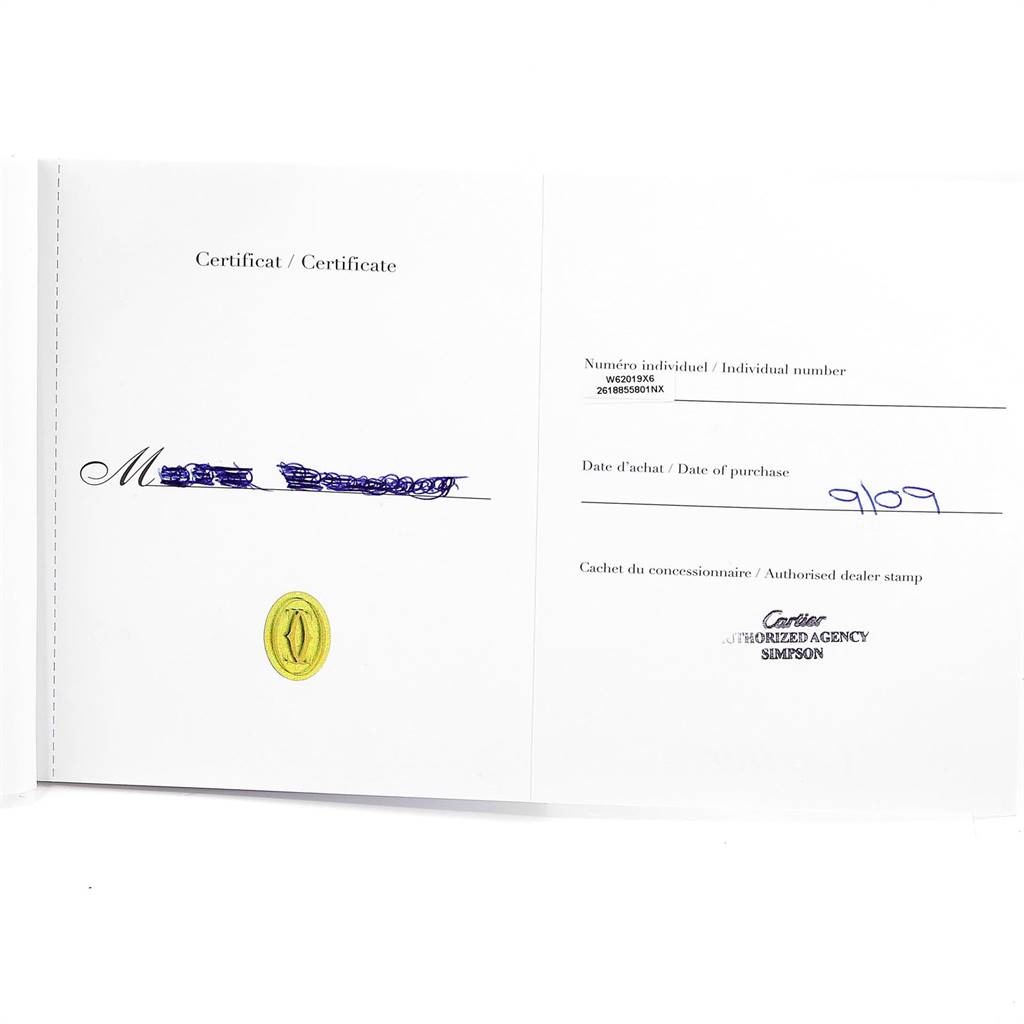 This image shows the Best Quality
ity certificate documentation for the Cartier Roadster W62019X6 Men
s Stainless Steel Silver Dial W62019X6 Men
s Stainless Steel Silver Dial model watch.