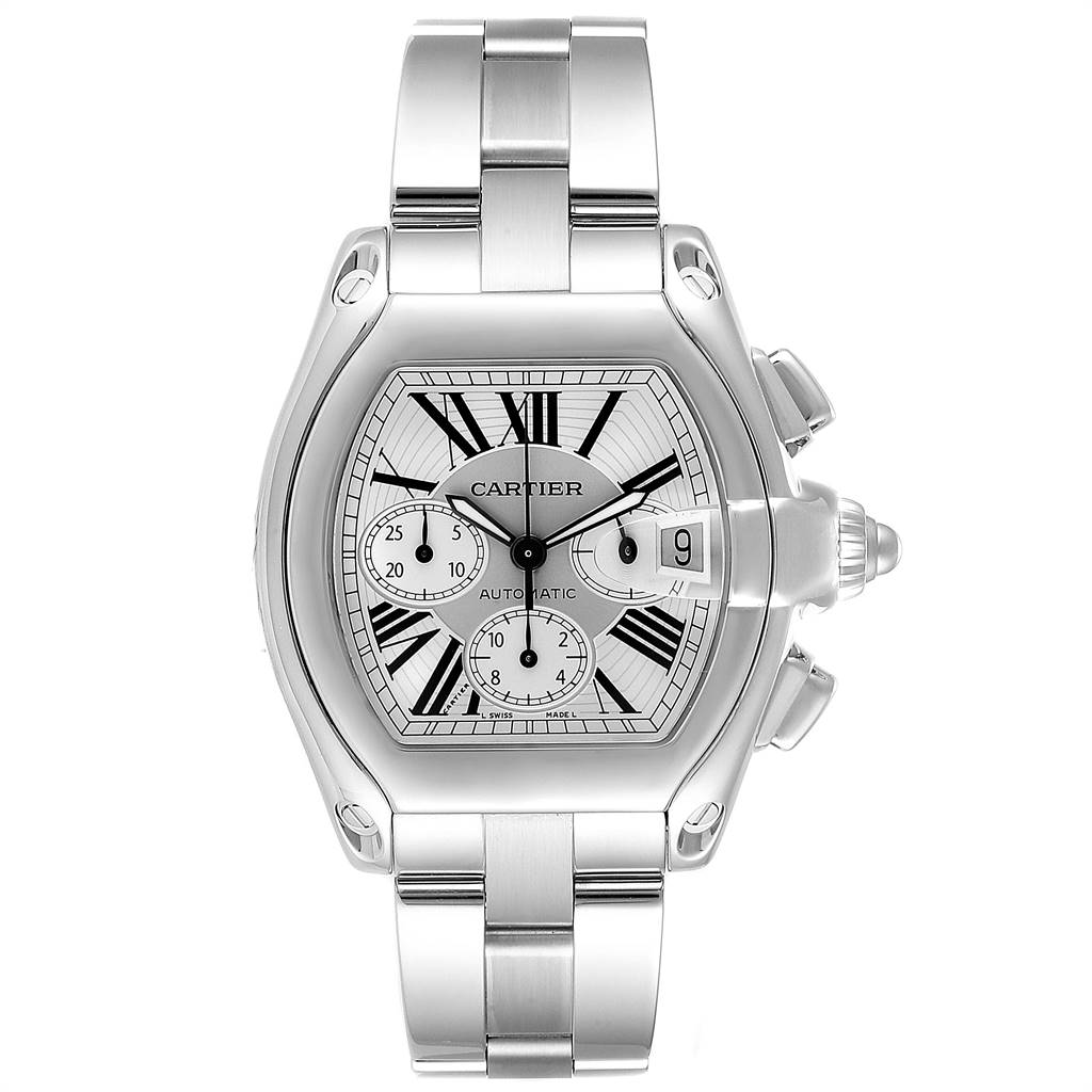 The image shows a front view of the Cartier Roadster W62019X6 Men
s Stainless Steel Silver Dial W62019X6 Men
s Stainless Steel Silver Dial watch, highlighting its face, Roman numerals, subdials, and stainless steel bracelet.