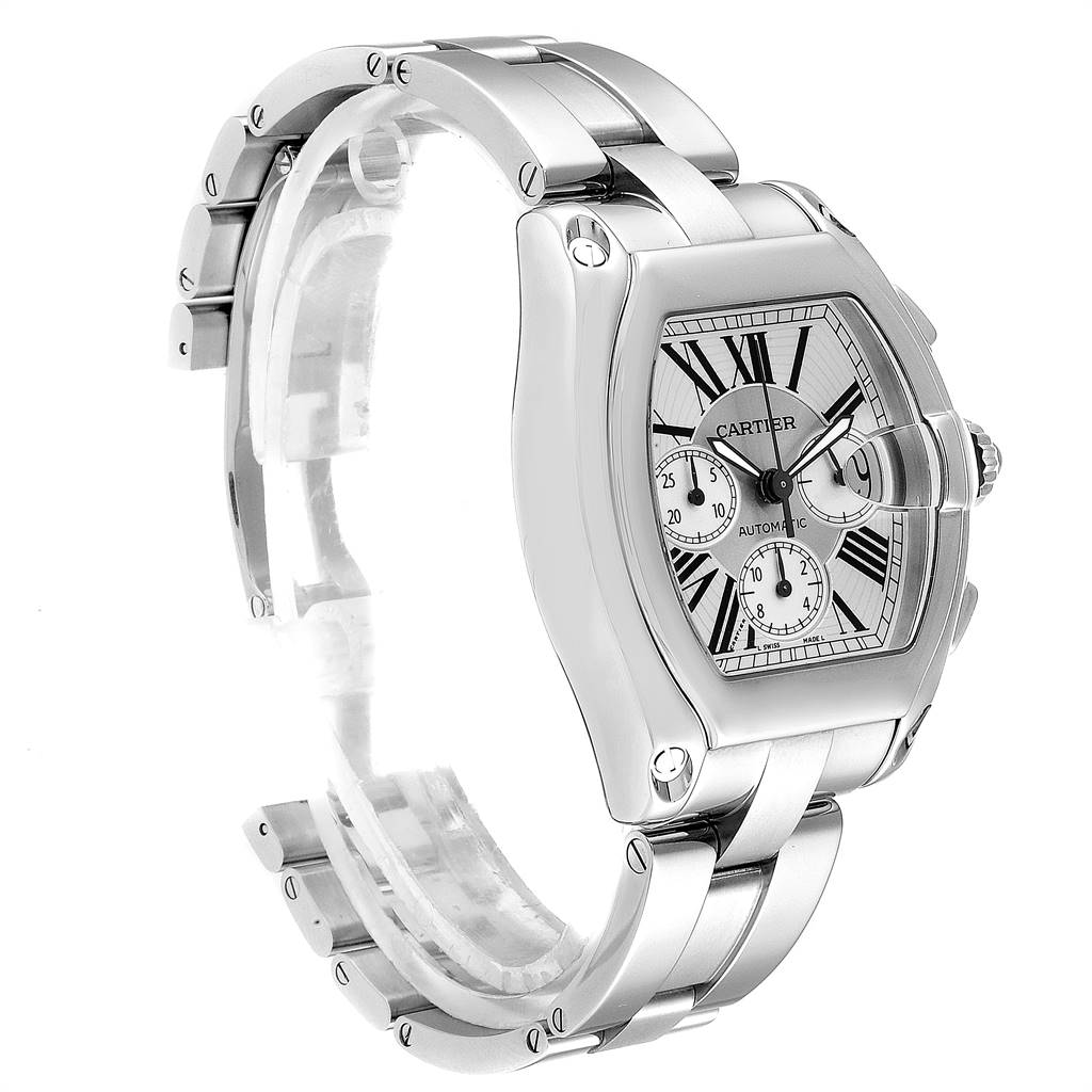 This image shows a Cartier Roadster W62019X6 Men
s Stainless Steel Silver Dial W62019X6 Men
s Stainless Steel Silver Dial watch at a three-quarter angle, highlighting the face, bezel, and bracelet.