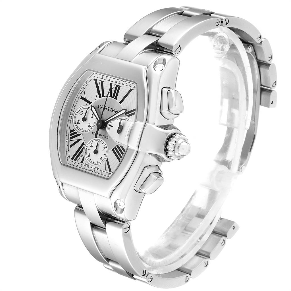 The Cartier Roadster W62019X6 Men
s Stainless Steel Silver Dial W62019X6 Men
s Stainless Steel Silver Dial watch is shown at a slight side angle, highlighting its face, bezel, and metal bracelet.
