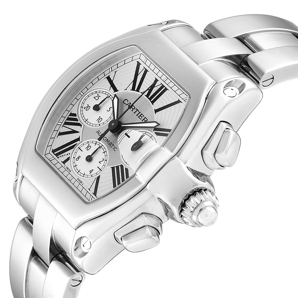 This image shows a side and partial front view of the Cartier Roadster W62019X6 Men
s Stainless Steel Silver Dial W62019X6 Men
s Stainless Steel Silver Dial watch, highlighting its dial, crown, and part of the bracelet.