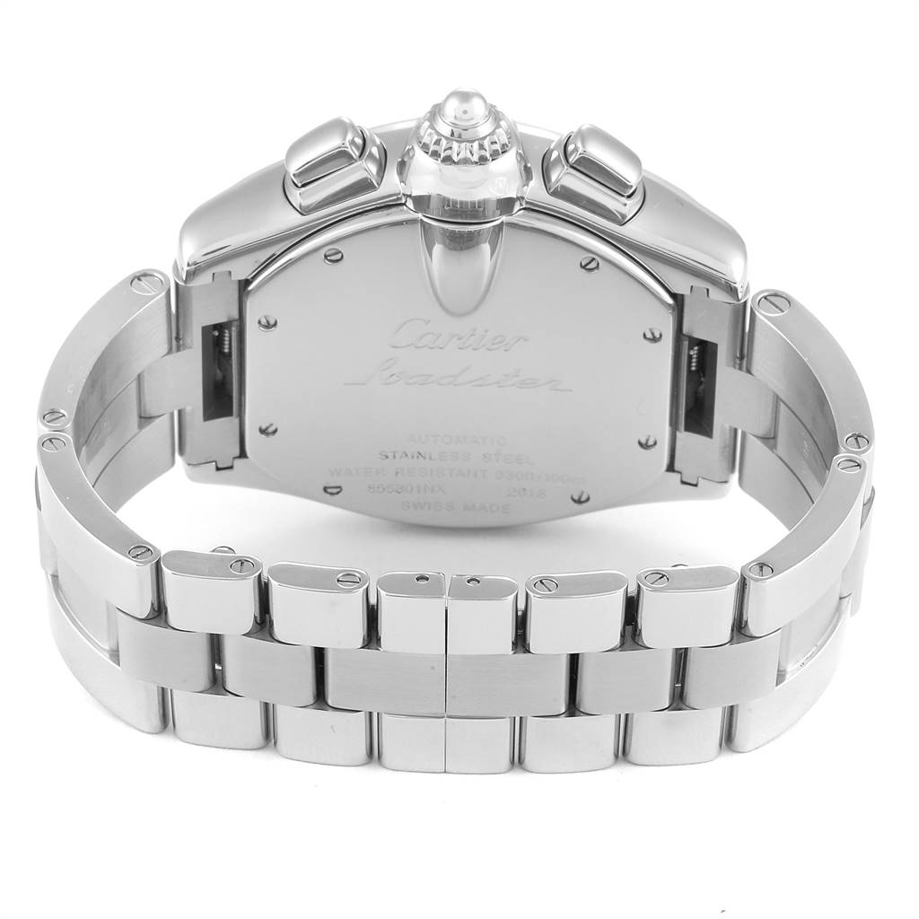 The image shows the back and bracelet of a Cartier Roadster W62019X6 Men
s Stainless Steel Silver Dial W62019X6 Men
s Stainless Steel Silver Dial watch from a rear angle.
