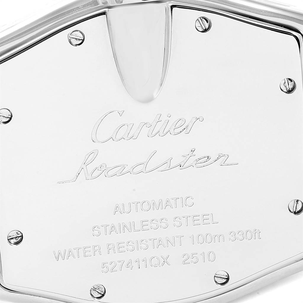 The image shows the back case of a Roadster model watch by Cartier, displaying the brand, model, and specifications.