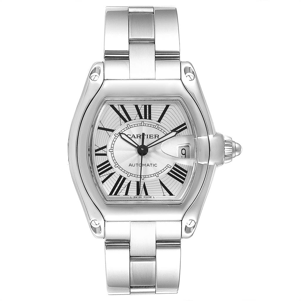 This image shows a front view of a Cartier Roadster W62025V3 Men's Stainless Steel Silver Dial W62025V3 Men's Stainless Steel Silver Dial watch, highlighting the face, bezel, crown, and bracelet.