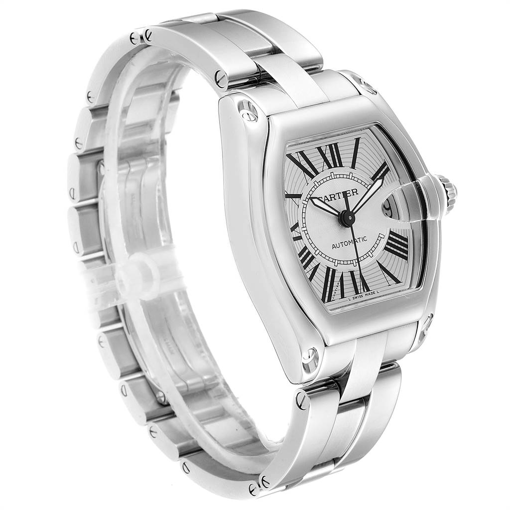 The image shows a Cartier Roadster W62025V3 Men's Stainless Steel Silver Dial W62025V3 Men's Stainless Steel Silver Dial watch from a side angle, highlighting its face, bezel, and metal bracelet.