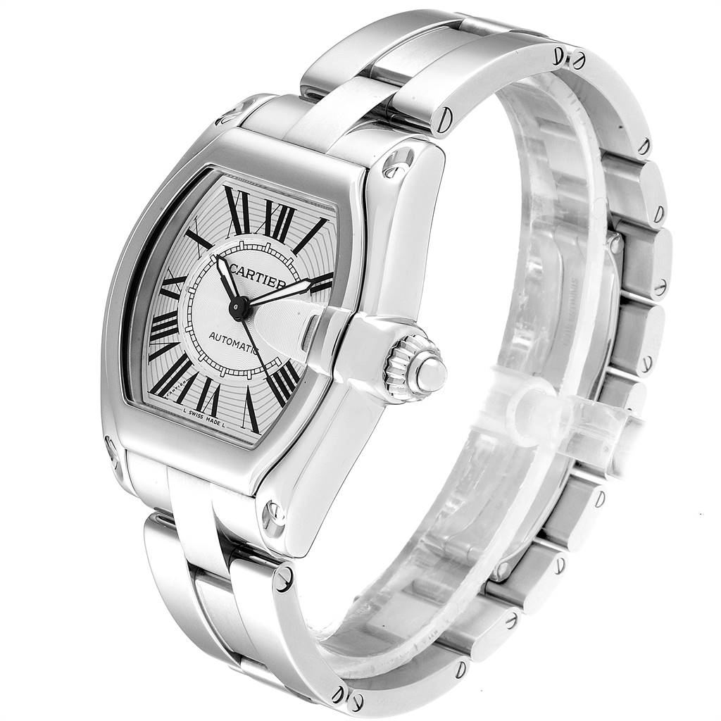 This is a side-angle view of the Cartier Roadster W62025V3 Men's Stainless Steel Silver Dial W62025V3 Men's Stainless Steel Silver Dial watch displaying the face, bezel, crown, and bracelet.