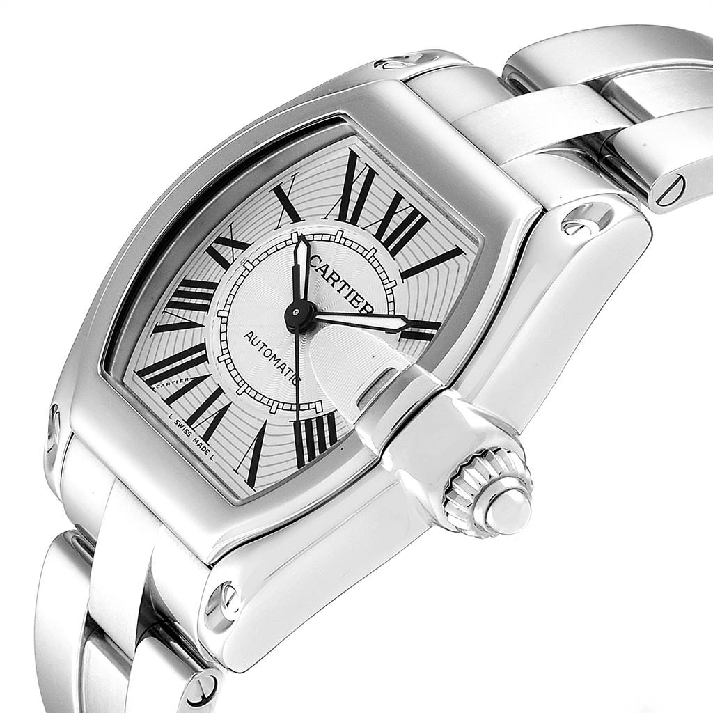 The image shows a close-up angle of the Cartier Roadster W62025V3 Men's Stainless Steel Silver Dial W62025V3 Men's Stainless Steel Silver Dial watch, focusing on the dial, case, and part of the bracelet.