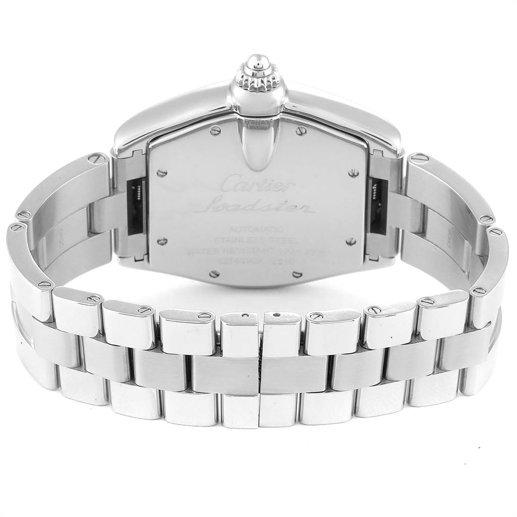 The image shows the back and clasp of a Cartier Roadster W62025V3 Men's Stainless Steel Silver Dial W62025V3 Men's Stainless Steel Silver Dial watch in stainless steel.
