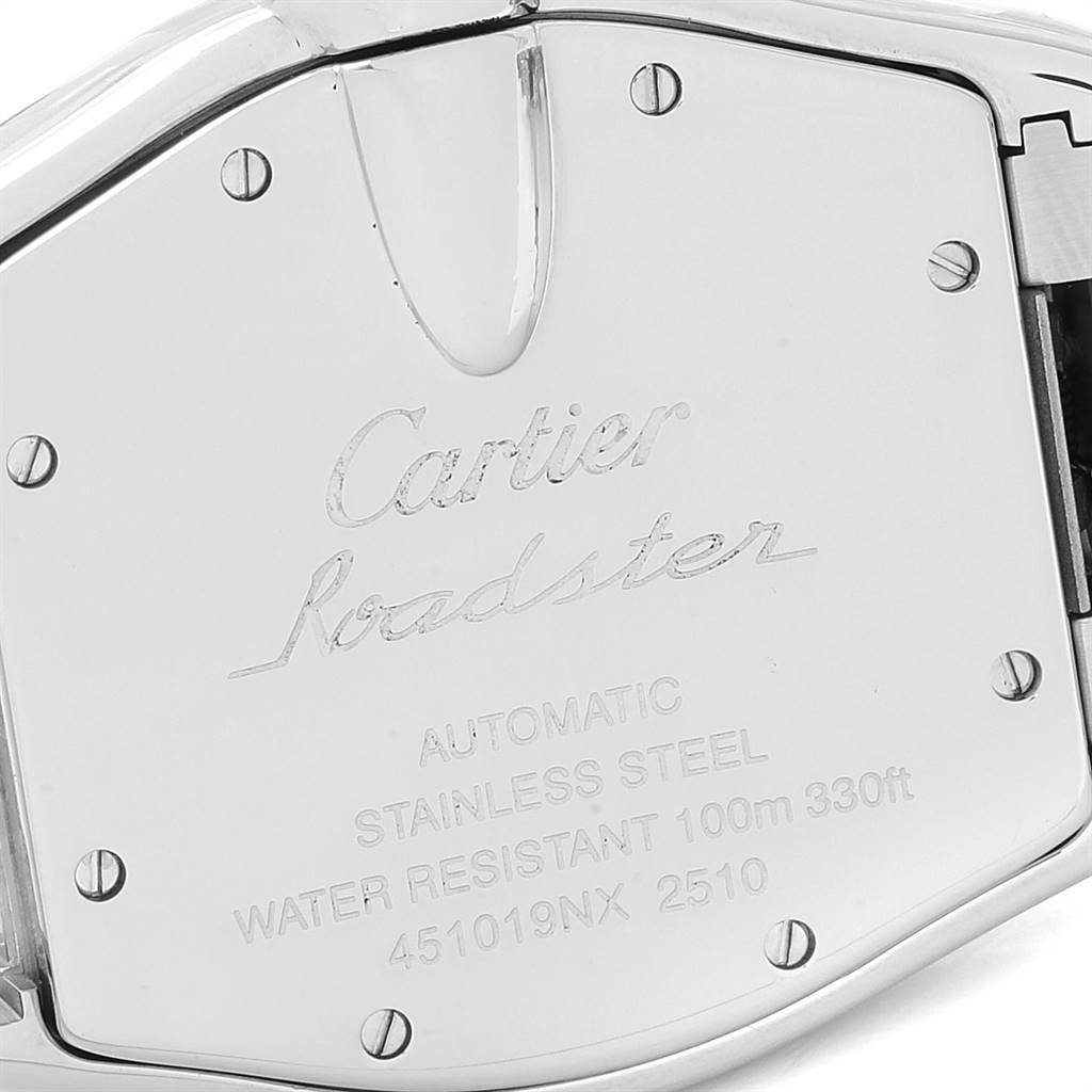 The image shows the back case of a Cartier Roadster W62025V3 Men
s Stainless Steel Silver Dial W62025V3 Men
s Stainless Steel Silver Dial watch, highlighting engravings and screw details.
