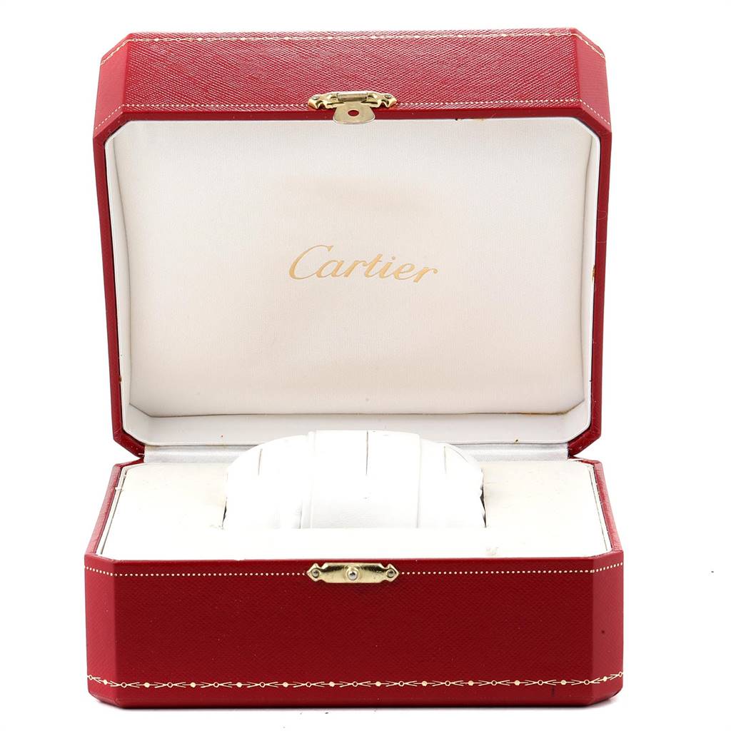The image shows an open Cartier watch box, specifically for the Roadster model, viewed from the front.