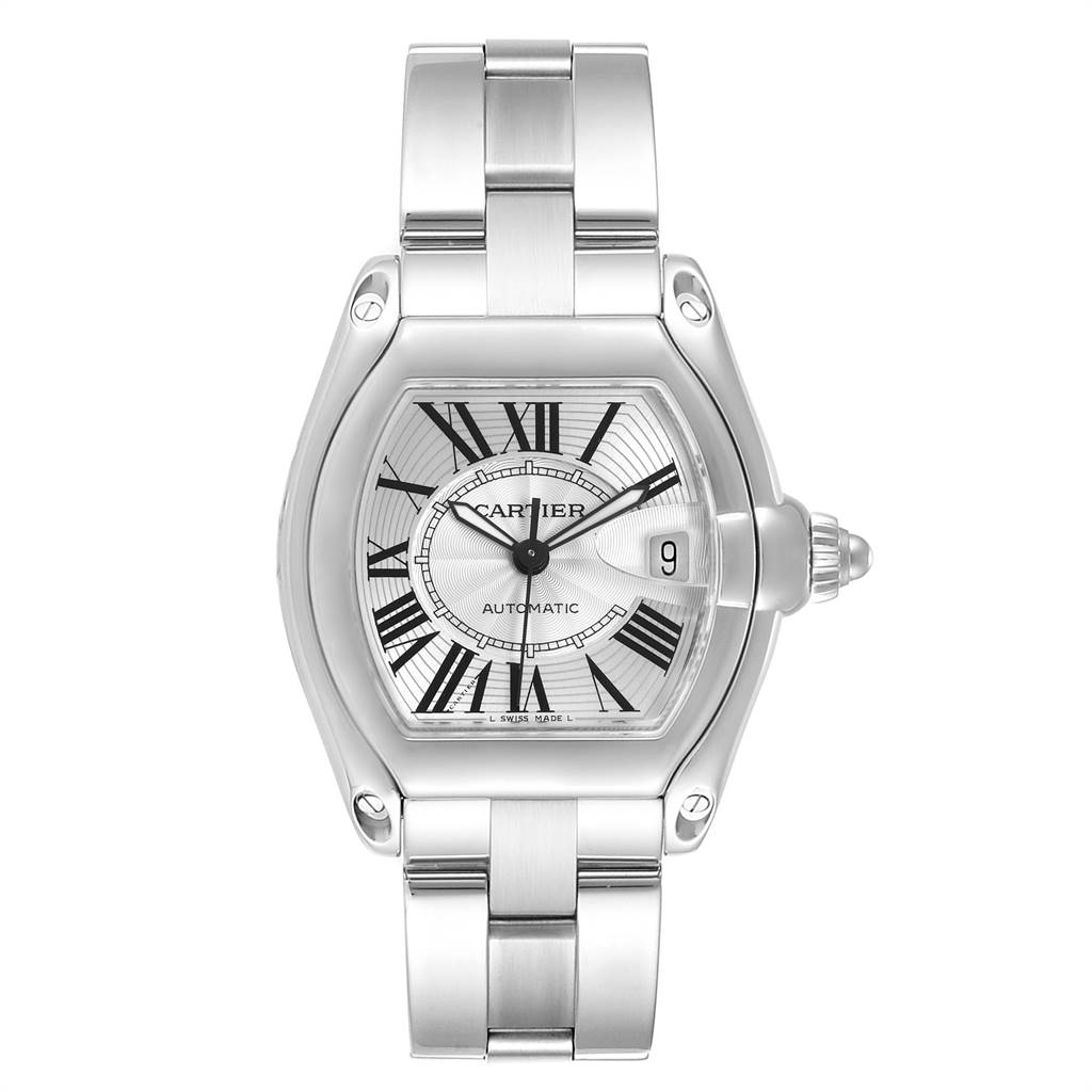 The image shows a Cartier Roadster W62025V3 Men
s Stainless Steel Silver Dial W62025V3 Men
s Stainless Steel Silver Dial watch from a front angle, highlighting its face, dial, and metal bracelet.
