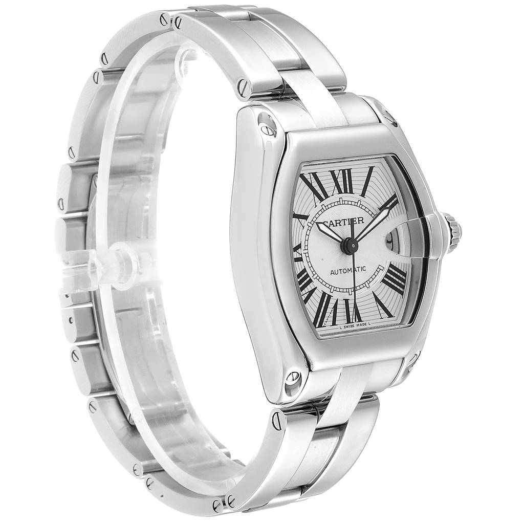 The image shows a Cartier Roadster W62025V3 Men
s Stainless Steel Silver Dial W62025V3 Men
s Stainless Steel Silver Dial watch from a three-quarter angle, displaying the face, bracelet, and crown.