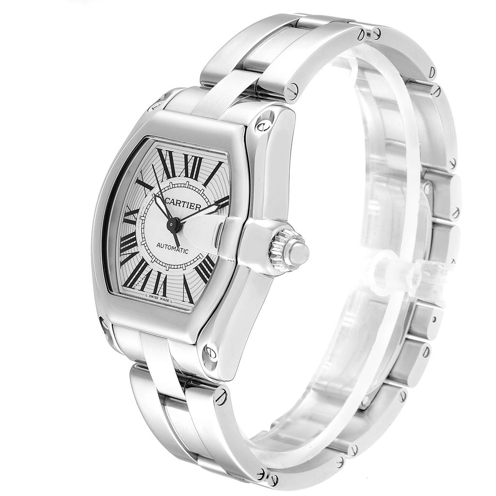 The Cartier Roadster W62025V3 Men
s Stainless Steel Silver Dial W62025V3 Men
s Stainless Steel Silver Dial watch is pictured at an angle showing the face, crown, and stainless steel bracelet.