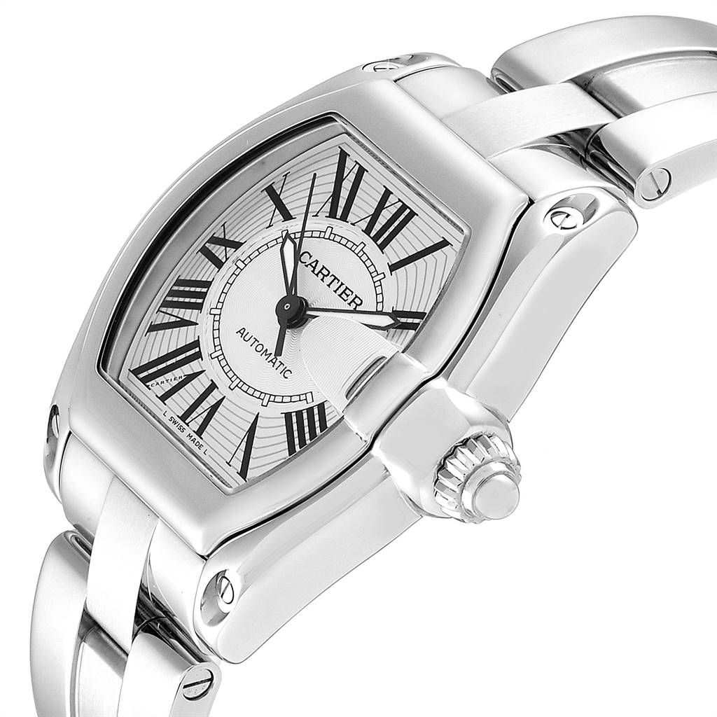 The image shows a Cartier Roadster W62025V3 Men
s Stainless Steel Silver Dial W62025V3 Men
s Stainless Steel Silver Dial watch from an angled side view, highlighting the dial, crown, and part of the bracelet.