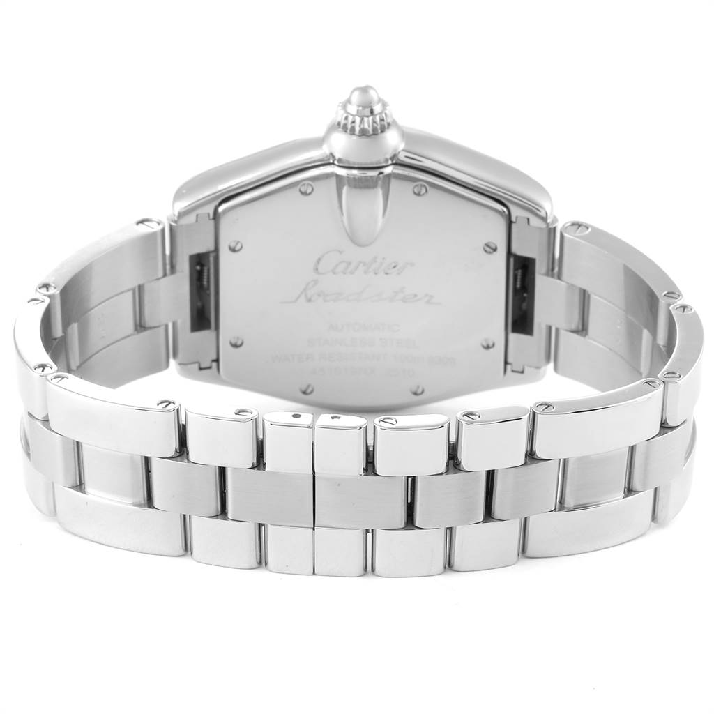 This image shows the back and bracelet of a Cartier Roadster W62025V3 Men
s Stainless Steel Silver Dial W62025V3 Men
s Stainless Steel Silver Dial watch from a rear angle.