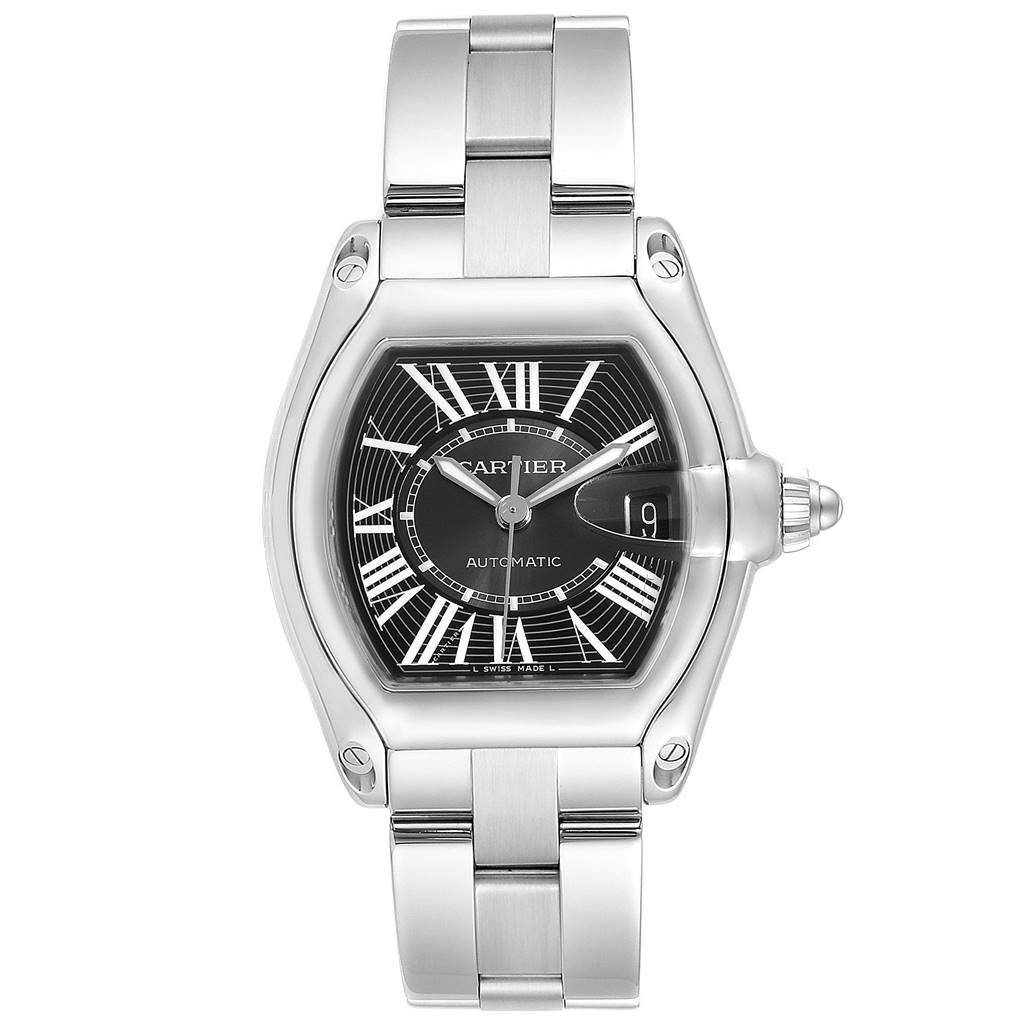 The image shows a Cartier Roadster W62041V3 Men's Stainless Steel Black Dial W62041V3 Men's Stainless Steel Black Dial watch from a front angle, highlighting the dial, bracelet, and crown.