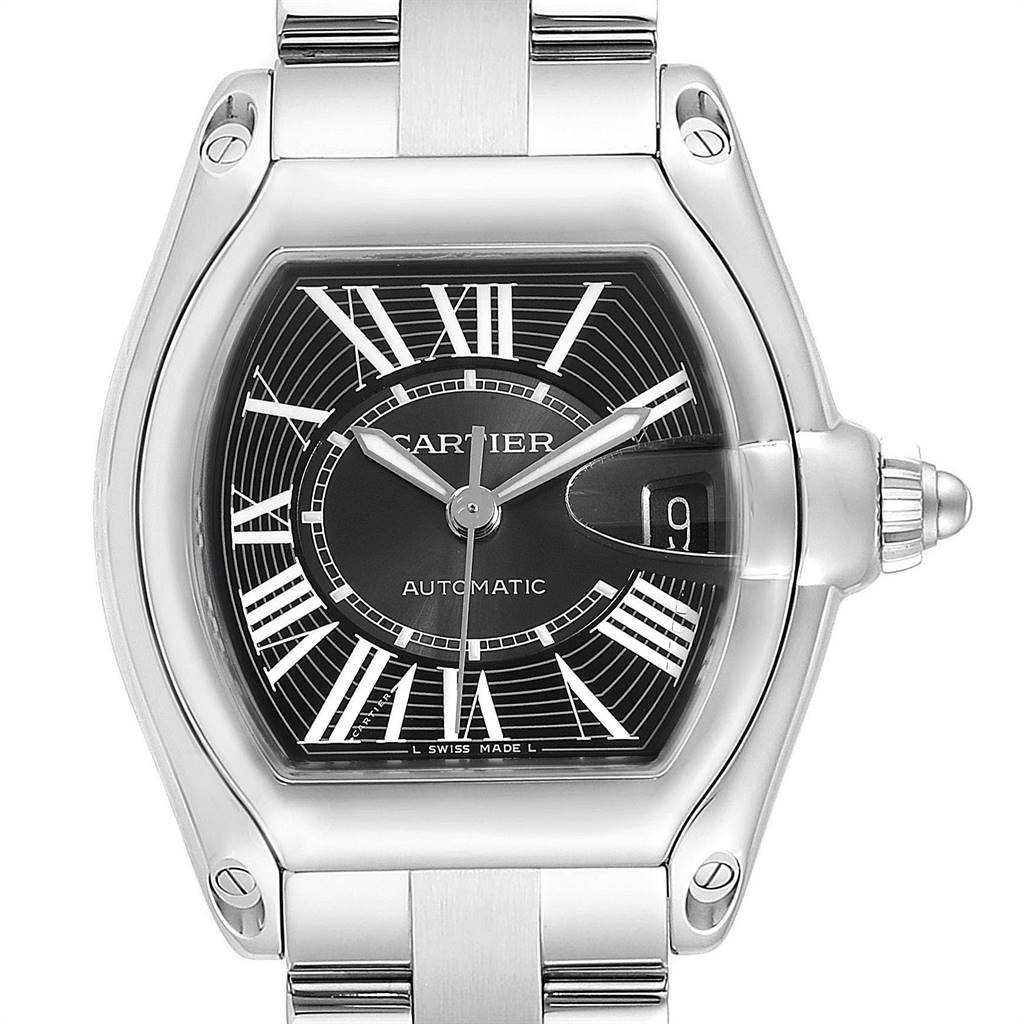 The image shows the face and bezel of a Cartier Roadster W62041V3 Men's Stainless Steel Black Dial W62041V3 Men's Stainless Steel Black Dial watch from a front angle, highlighting its dial and bracelet.