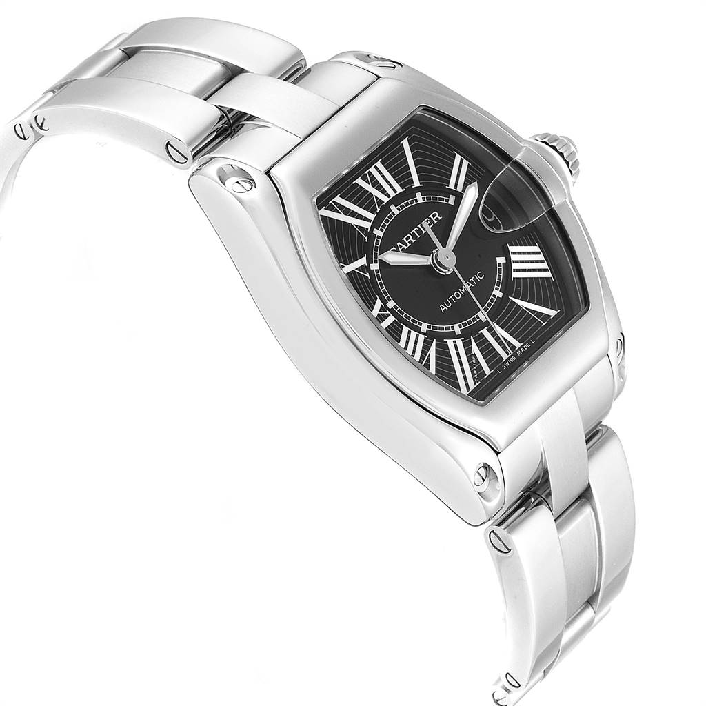 The Cartier Roadster W62041V3 Men's Stainless Steel Black Dial W62041V3 Men's Stainless Steel Black Dial watch is shown at a three-quarter angle, highlighting its face, case, and stainless steel bracelet.