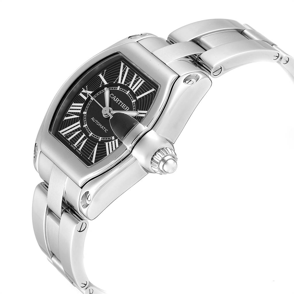 This image shows a Cartier Roadster W62041V3 Men's Stainless Steel Black Dial W62041V3 Men's Stainless Steel Black Dial watch at a slight angle, highlighting the watch face, crown, and part of the bracelet.