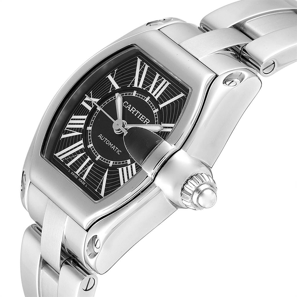 The Cartier Roadster W62041V3 Men's Stainless Steel Black Dial W62041V3 Men's Stainless Steel Black Dial watch is shown at an angle highlighting the face, bezel, crown, and part of the bracelet.