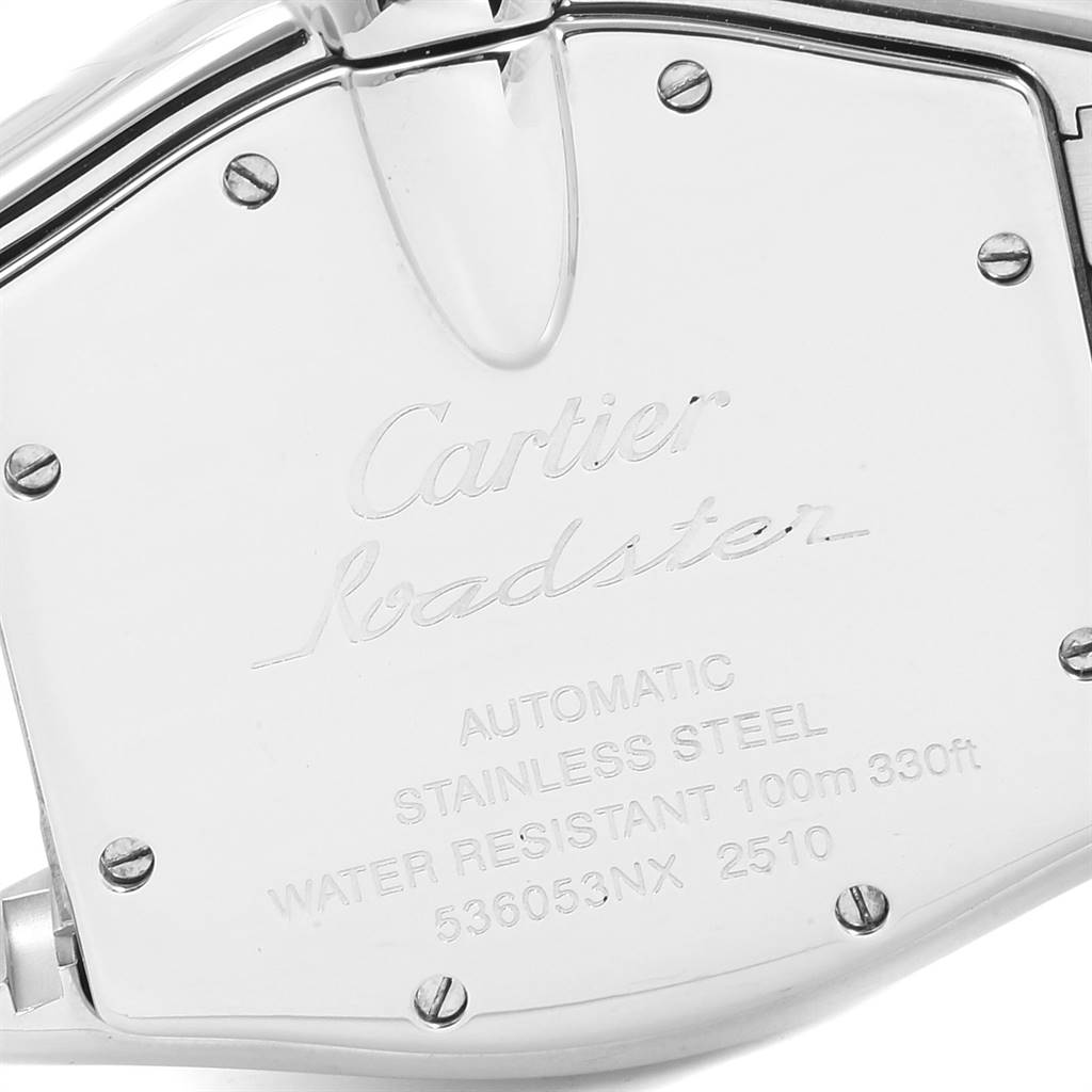 This image shows the back case of a Cartier Roadster W62041V3 Men's Stainless Steel Black Dial W62041V3 Men's Stainless Steel Black Dial watch, highlighting the engravings and screws.