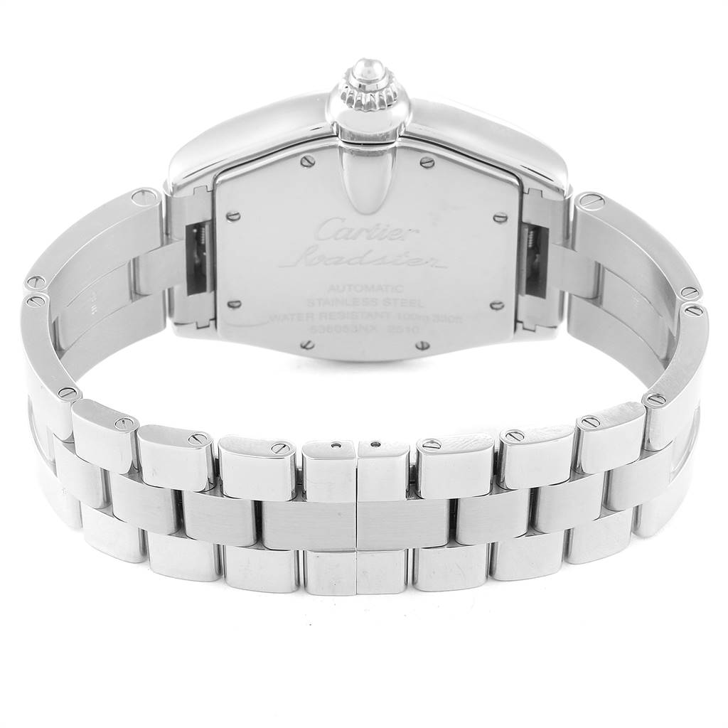 The image shows the back and band of a Cartier Roadster W62041V3 Men's Stainless Steel Black Dial W62041V3 Men's Stainless Steel Black Dial watch with the case back and bracelet clearly visible.