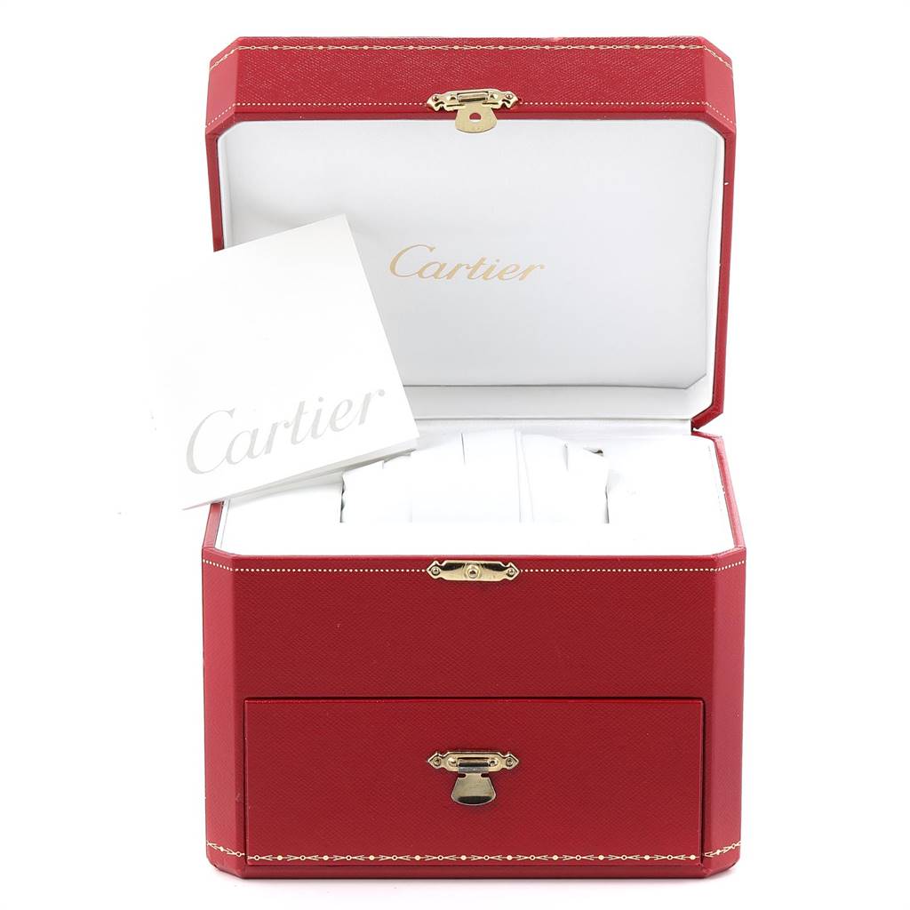 This image shows an open red Cartier box with documentation, likely for a Cartier Roadster W62003V1 Men
s Yellow Gold Silver Dial W62003V1 Men
s Yellow Gold Silver Dial model watch.