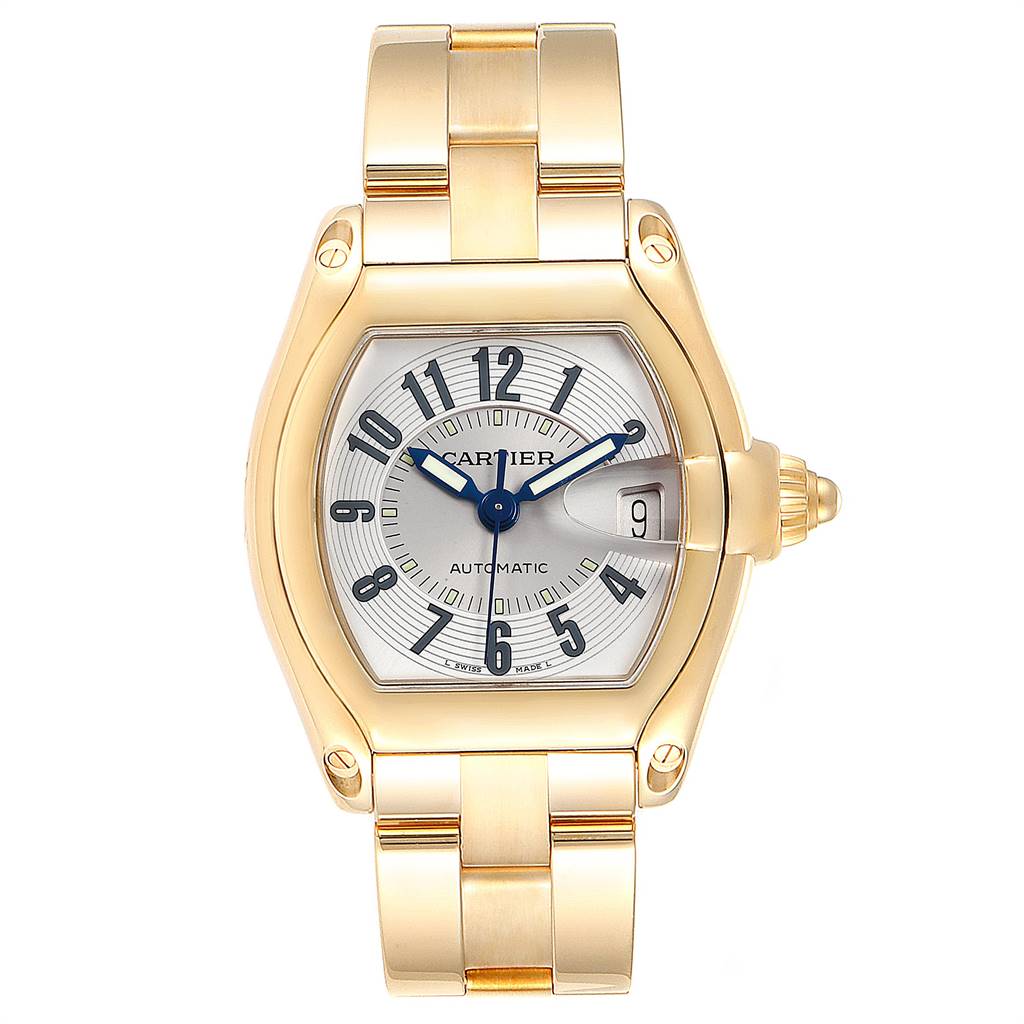 This image shows a front view of a Cartier Roadster W62003V1 Men
s Yellow Gold Silver Dial W62003V1 Men
s Yellow Gold Silver Dial watch displaying its face, hands, date window, and bracelet.