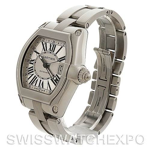 This image shows a Cartier Roadster W62032X6 Men's Stainless Steel Silver Dial W62032X6 Men's Stainless Steel Silver Dial watch at a 3/4 angle, highlighting the face, crown, and bracelet.