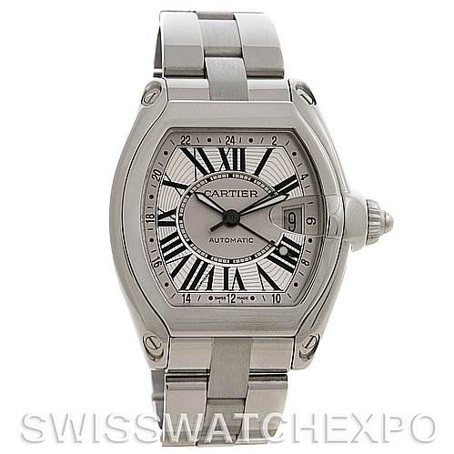 The image shows a Cartier Roadster W62032X6 Men's Stainless Steel Silver Dial W62032X6 Men's Stainless Steel Silver Dial watch from the front angle, displaying its face, bezel, and metal bracelet.