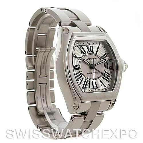 This image shows a diagonal view of a Cartier Roadster W62032X6 Men's Stainless Steel Silver Dial W62032X6 Men's Stainless Steel Silver Dial watch, highlighting the face, case, and part of the bracelet.