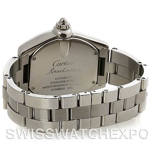 The image shows the back case and stainless steel bracelet of a Cartier Roadster W62032X6 Men's Stainless Steel Silver Dial W62032X6 Men's Stainless Steel Silver Dial watch from a rear angle.