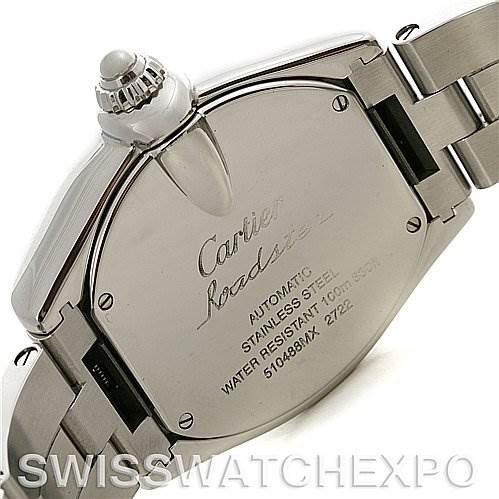 This image shows the back case and part of the bracelet of a Cartier Roadster W62032X6 Men's Stainless Steel Silver Dial W62032X6 Men's Stainless Steel Silver Dial watch at an oblique angle.