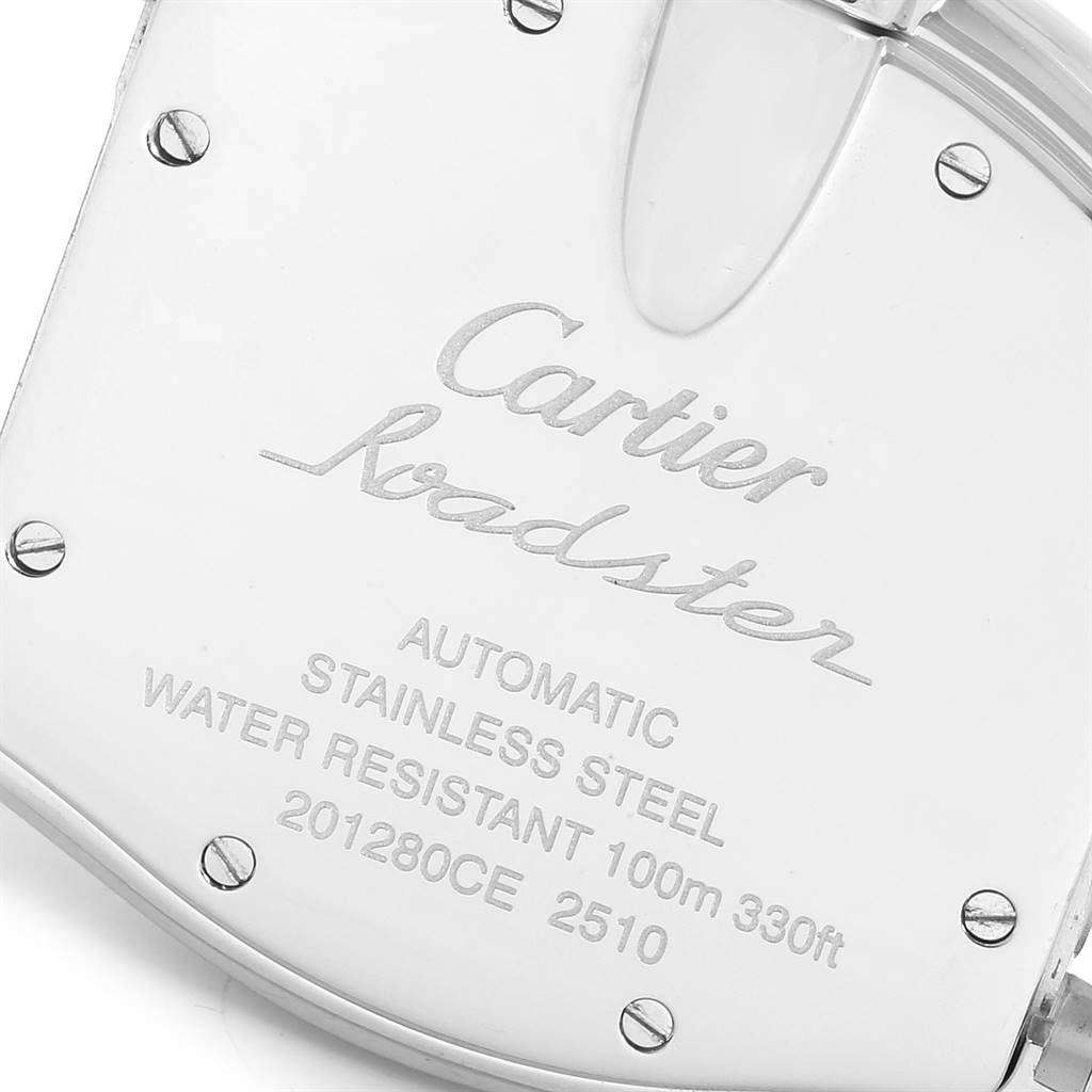 The image shows the back case of a Cartier Roadster W62002V3 Men
s Stainless Steel Black Dial W62002V3 Men
s Stainless Steel Black Dial watch, displaying branding and specifications.