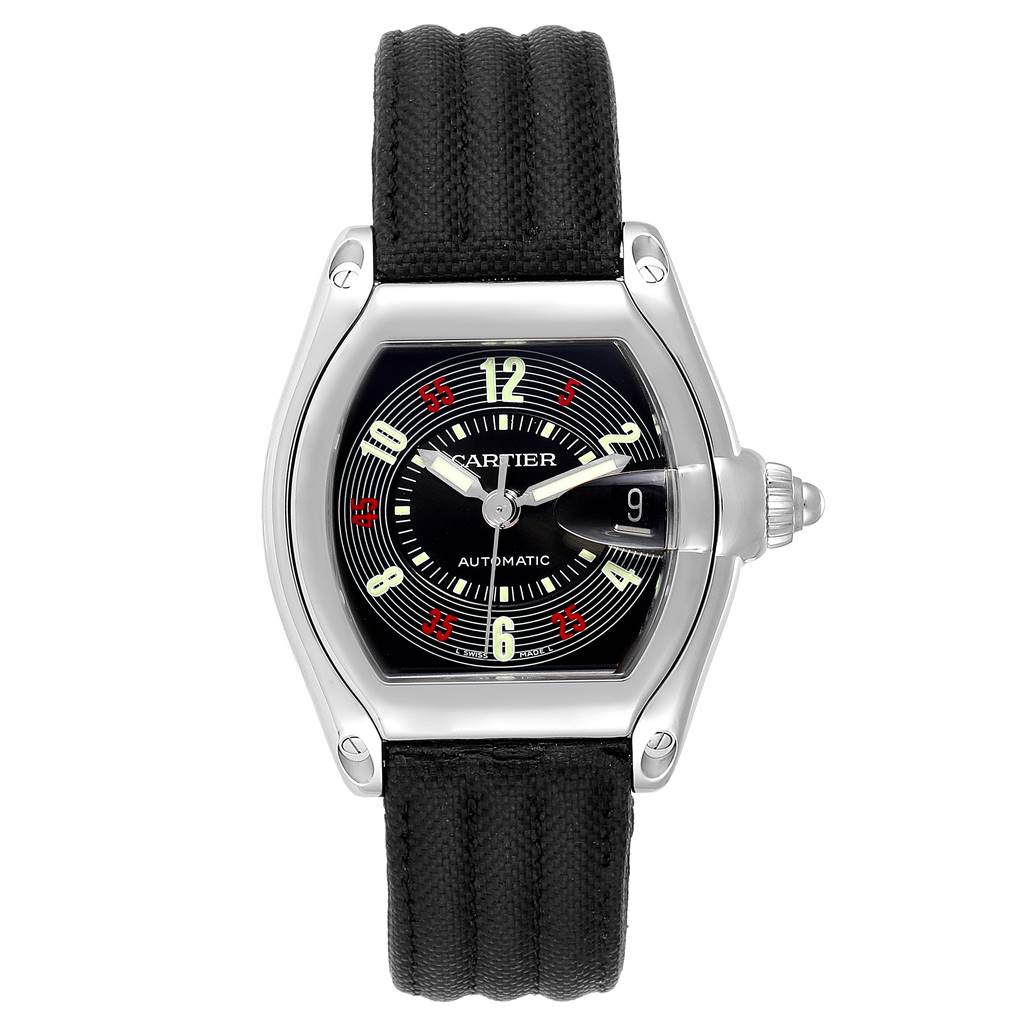 The Cartier Roadster W62002V3 Men
s Stainless Steel Black Dial W62002V3 Men
s Stainless Steel Black Dial watch is shown in a frontal view, highlighting its face, bezel, crown, and black strap.