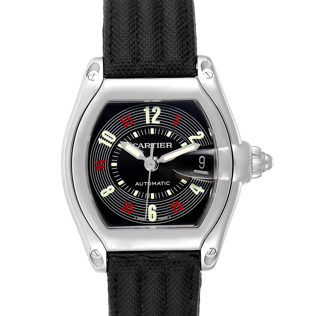 The image shows a Cartier Roadster W62002V3 Men
s Stainless Steel Black Dial W62002V3 Men
s Stainless Steel Black Dial watch from a front angle, highlighting its dial, casing, and part of the strap.