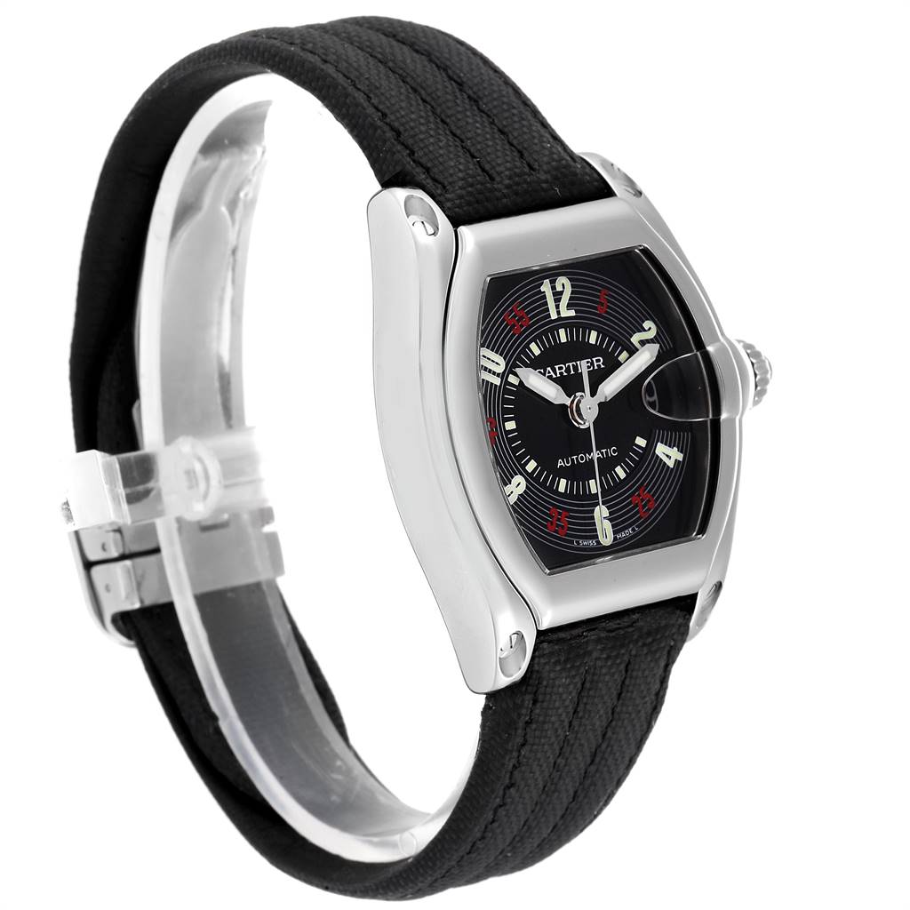 This image shows a Cartier Roadster W62002V3 Men
s Stainless Steel Black Dial W62002V3 Men
s Stainless Steel Black Dial watch angled from the top-left, displaying the dial, bezel, crown, and strap.