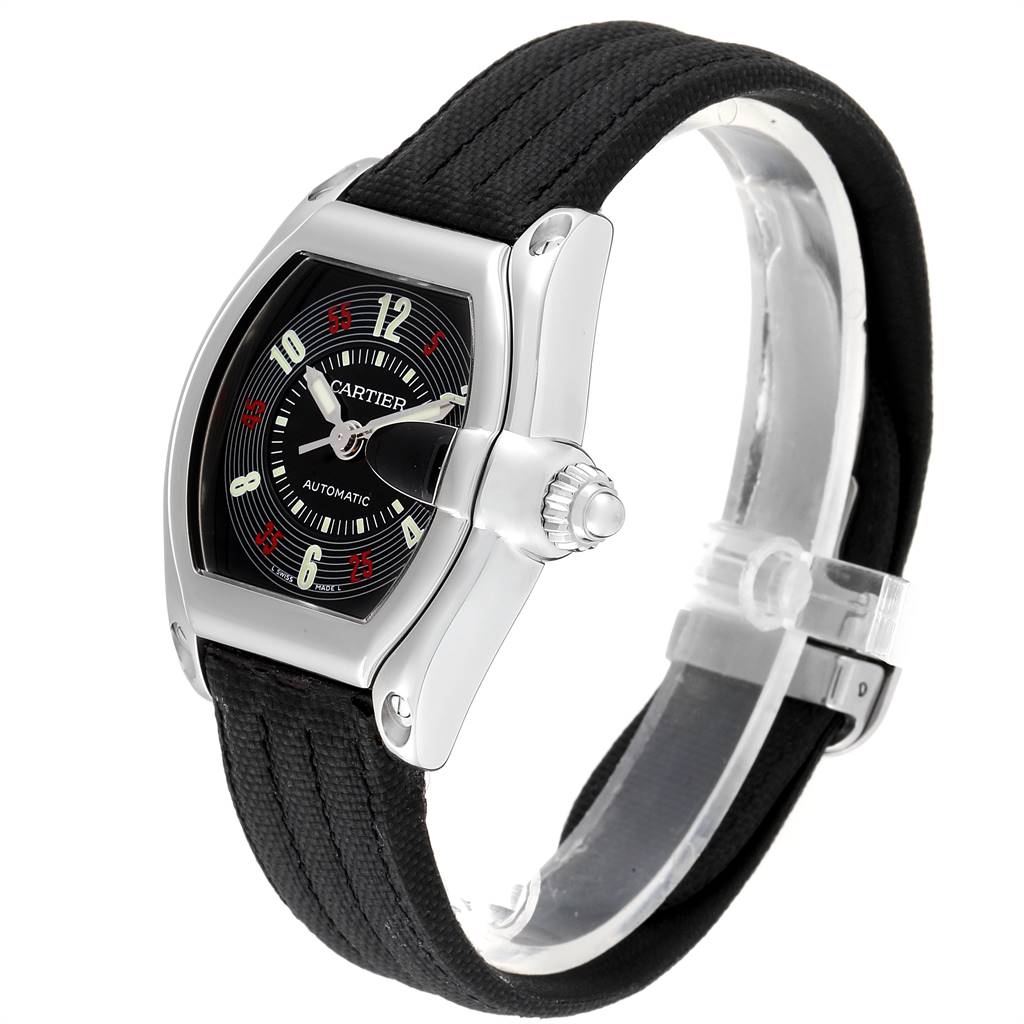 The Cartier Roadster W62002V3 Men
s Stainless Steel Black Dial W62002V3 Men
s Stainless Steel Black Dial watch is shown from a front angled perspective displaying the dial, bezel, and strap.