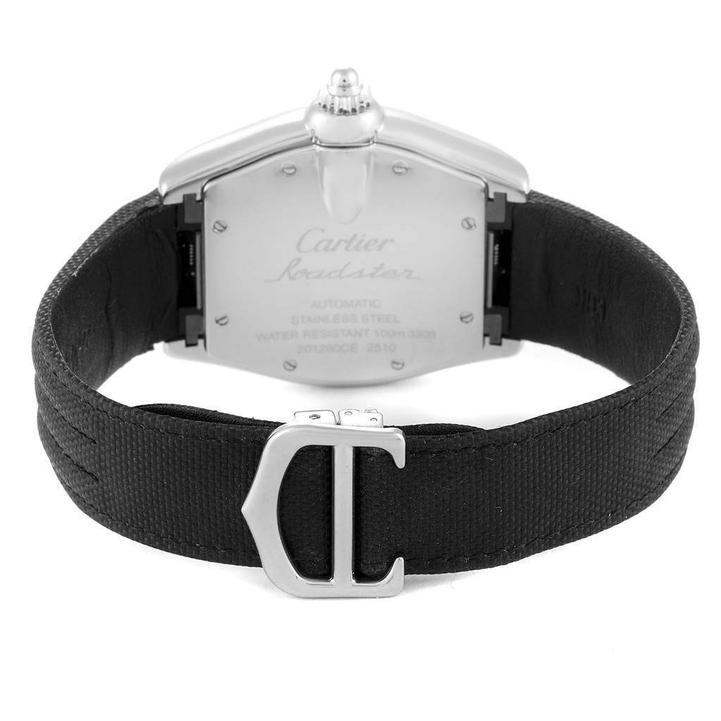 This image shows the backside of the Cartier Roadster W62002V3 Men
s Stainless Steel Black Dial W62002V3 Men
s Stainless Steel Black Dial watch, highlighting the case back and full watch band.