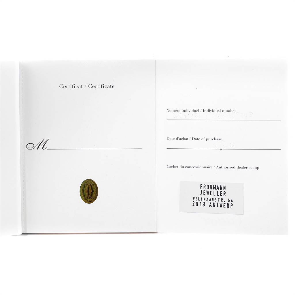 This image shows the certificate of a Cartier Roadster W62002V3 Men
s Stainless Steel Black Dial W62002V3 Men
s Stainless Steel Black Dial watch, including purchase details and dealer stamp sections.