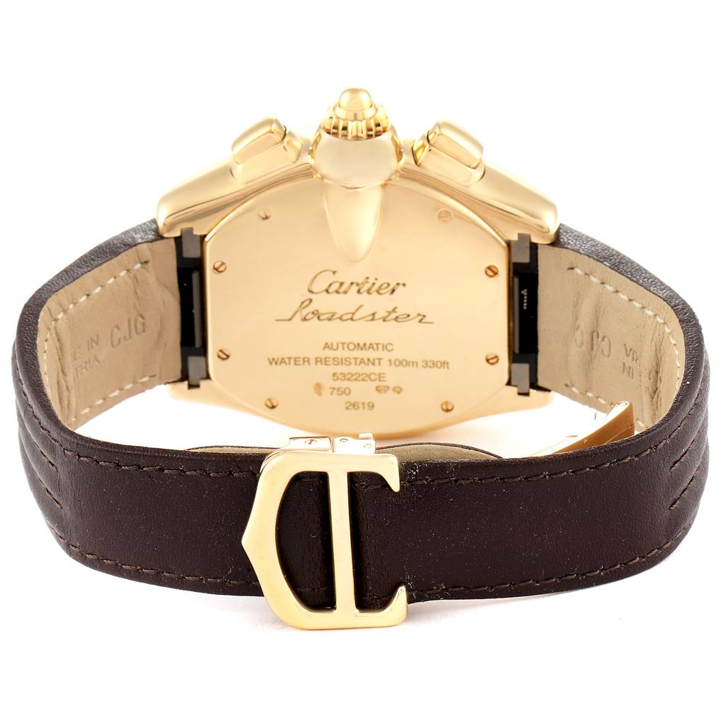 This image shows the back view of the Cartier Roadster W62021Y3 Men's Yellow Gold Champagne Dial W62021Y3 Men's Yellow Gold Champagne Dial watch, highlighting the case back, leather strap, and buckle.