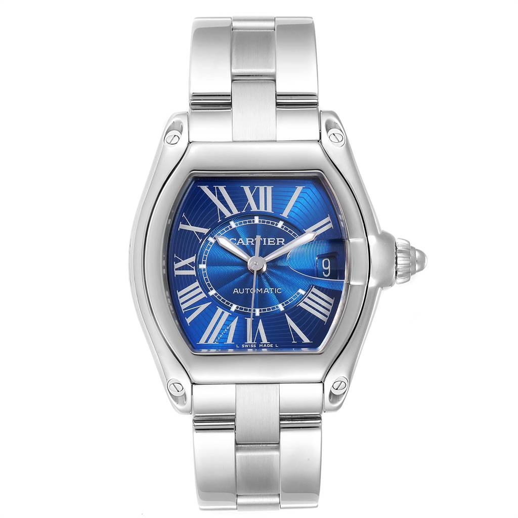This Cartier Roadster W62048V3 Men's Stainless Steel Blue Dial W62048V3 Men's Stainless Steel Blue Dial model watch is shown from a front angle, displaying its blue dial, Roman numerals, case, and metal bracelet.